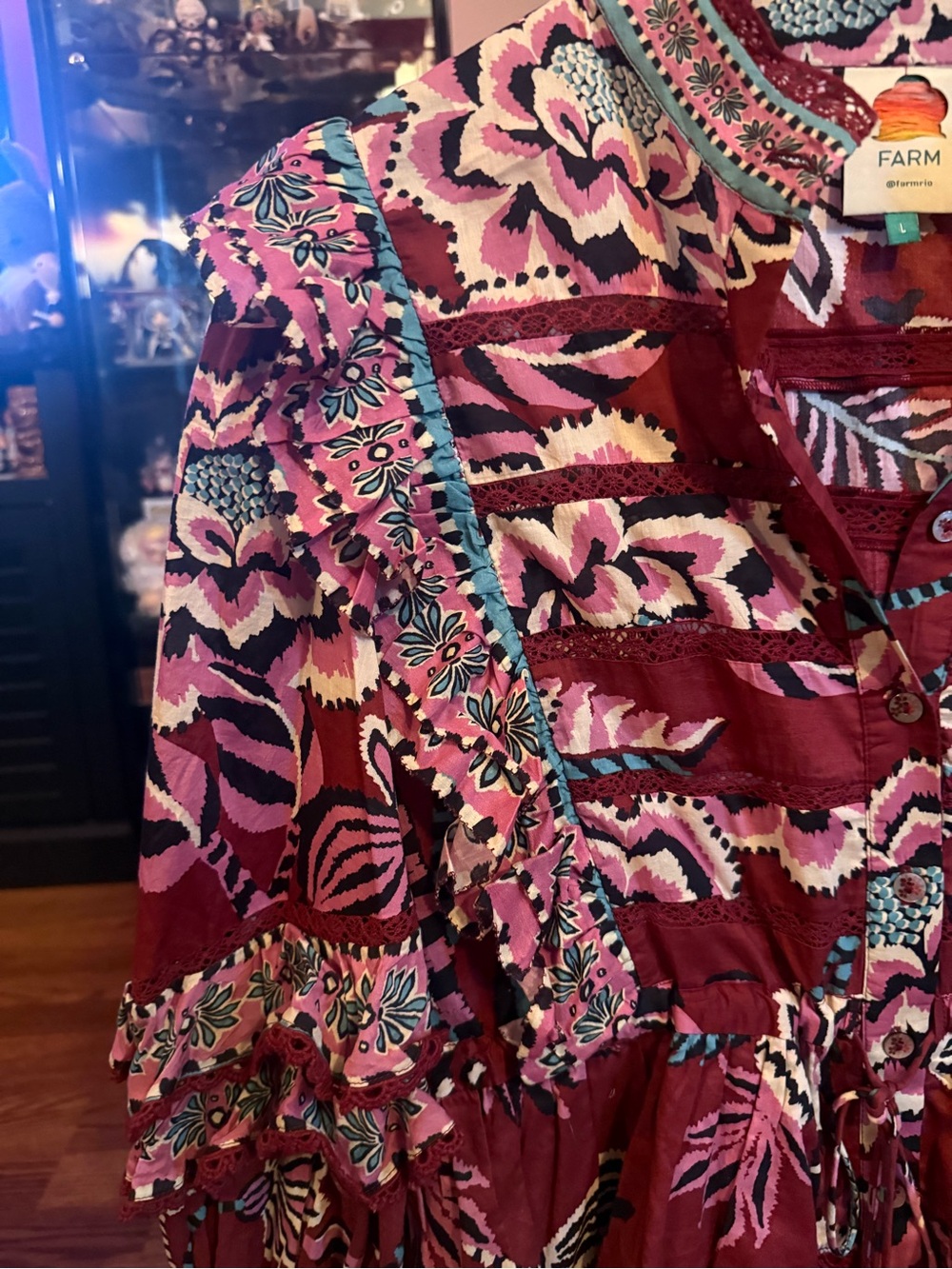 FARM Rio Maroon Floral Ruffle Button-Front Blouse - Picture 5 of 7